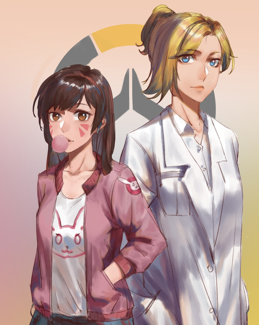 2girls absurdres blonde_hair blue_eyes brown_eyes brown_hair bubble_blowing casual chewing_gum d.va_(overwatch) hand_in_pocket highres jacket labcoat liudaohai6001 looking_at_viewer mercy_(overwatch) multiple_girls overwatch overwatch_(logo) pink_jacket whisker_markings