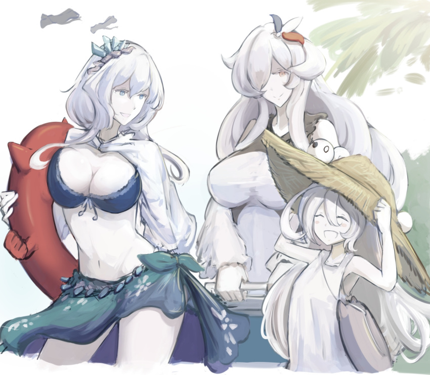 3girls bikini blue_bikini blue_eyes blush breasts closed_eyes enemy_lifebuoy_(kantai_collection) european_hime french_battleship_hime hat kantai_collection large_breasts long_hair long_sleeves looking_at_viewer mizuchi_(mizuchi7118) multiple_girls open_mouth pale_skin palm_tree red_eyes straw_hat submarine_new_hime swimsuit tree very_long_hair white_hair