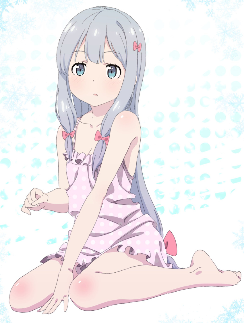 1girl barefoot between_legs blue_eyes bow breasts cleavage collarbone eromanga_sensei eyebrows_visible_through_hair full_body hair_bow hand_between_legs highres izumi_sagiri long_hair looking_at_viewer low-tied_long_hair naked_shirt parted_lips pink_bow pink_shirt pink_x polka_dot polka_dot_shirt shiny shiny_hair shiny_skin shirt silver_hair sitting sleeveless sleeveless_shirt small_breasts solo very_long_hair wariza white_background white_polka_dots