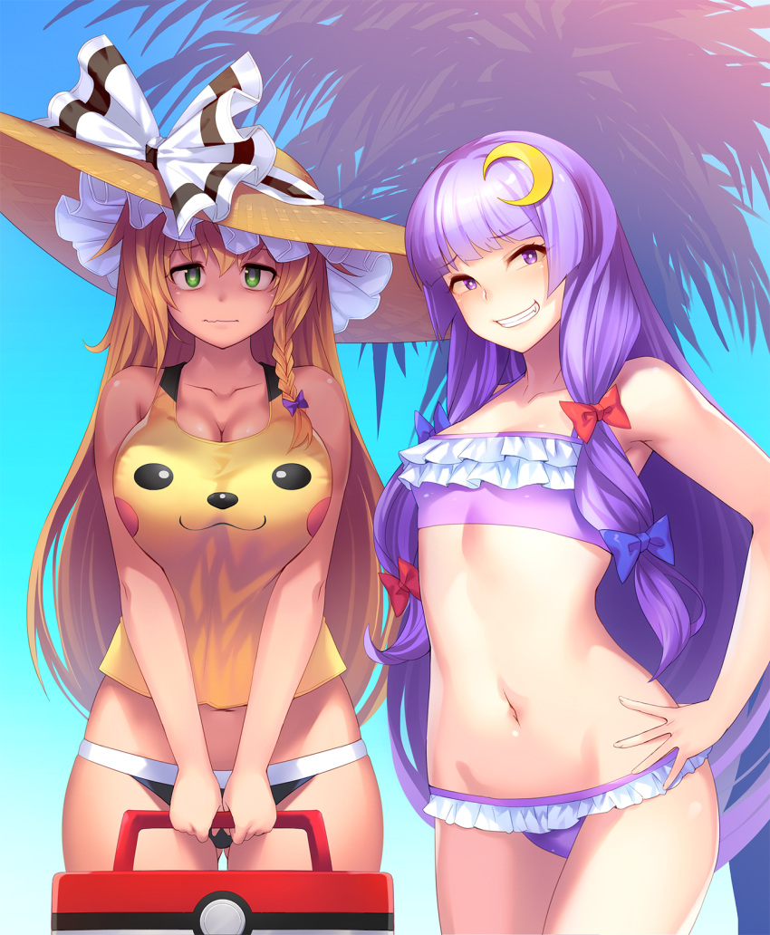 2girls blonde_hair blue_bow blush bow braid breasts cleavage closed_mouth collarbone cookie_(touhou) creatures_(company) crescent crescent_hair_ornament eyebrows_visible_through_hair game_freak gen_1_pokemon green_eyes hair_bow hair_ornament highres kirisame_marisa large_breasts long_hair looking_at_viewer mars_(cookie) multiple_girls navel nintendo parted_lips patchouli_knowledge pikachu pokemon purple_hair red_bow smile suitcase taisa_(cookie) tarmo teeth touhou violet_eyes