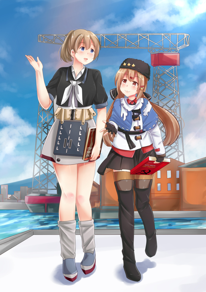 2girls :3 absurdres anchor_necklace apron black_bow black_footwear black_hat black_shirt black_skirt blue_eyes blue_shawl book boots bow brown_hair brown_legwear building crane farmuhan full_body hair_bow hair_ornament hairclip hat highres intrepid_(kantai_collection) jacket kantai_collection long_hair loose_socks low_twintails miniskirt multiple_girls open_mouth pantyhose papakha ponytail red_eyes red_shirt ribbon_trim scarf shawl shirt short_hair skirt standing tashkent_(kantai_collection) thigh-highs thigh_boots torn_scarf twintails white_jacket white_scarf white_skirt