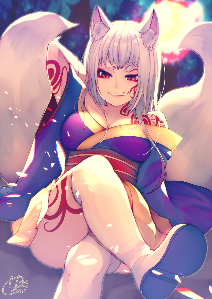 1girl animal_ears arm_tattoo arm_up bangs bare_shoulders blurry blurry_background boots breasts chita_(ketchup) commentary_request depth_of_field dutch_angle eyebrows_visible_through_hair facial_tattoo fox_ears fox_girl fox_tail grin highres japanese_clothes kimono kitsune large_breasts legs_crossed long_hair long_sleeves looking_at_viewer multiple_tails obi original pleated_skirt purple_kimono red_eyes sash shoe_soles short_eyebrows shoulder_tattoo signature silver_hair sitting skirt smile solo tail tail_raised tattoo thick_eyebrows thigh-highs thigh_boots two_tails white_footwear white_legwear wide_sleeves yellow_skirt