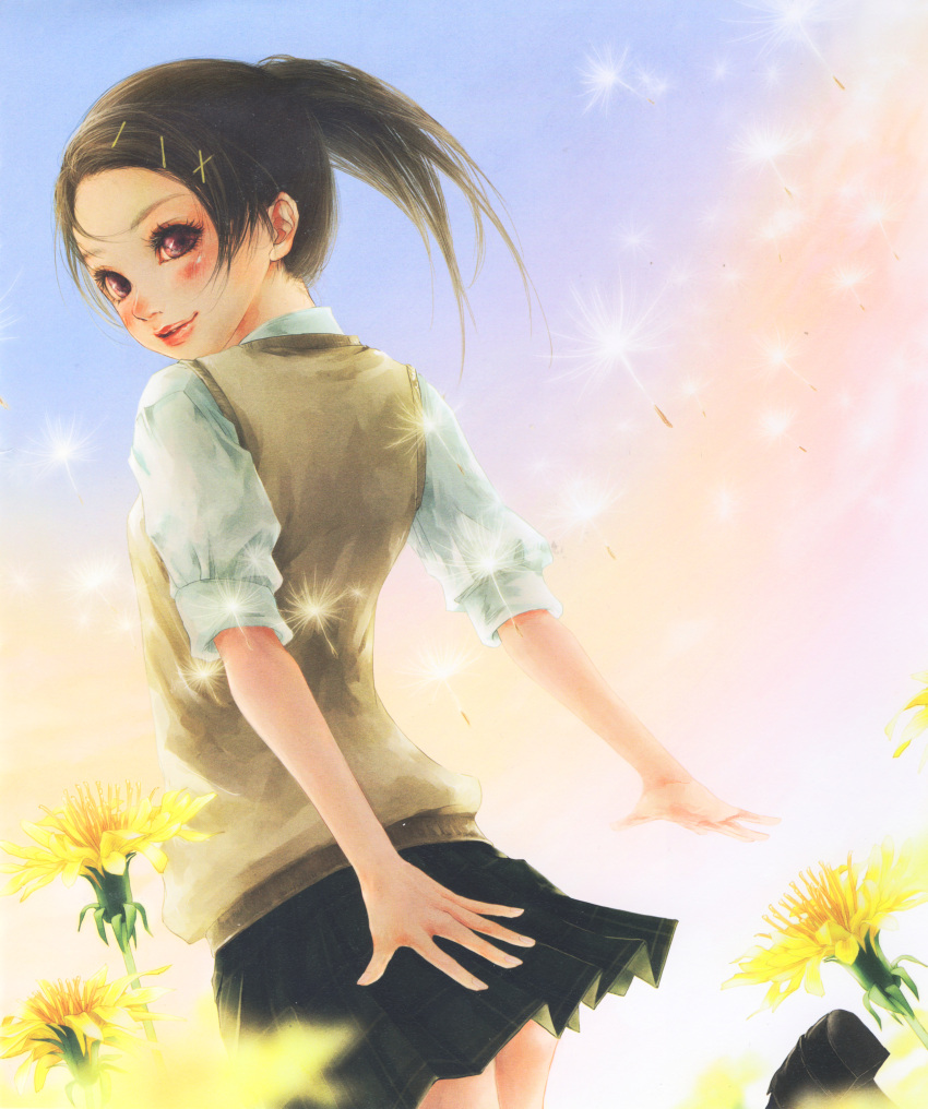 1girl absurdres brown_hair enta_shiho flower hair_ornament hairpin highres huge_filesize incredibly_absurdres original ponytail red_eyes scan school_uniform sky smile solo yellow_flower