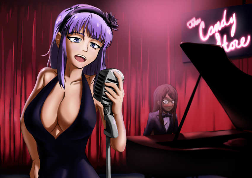 2girls blush bow bowtie breasts cleavage dagashi_kashi dress emo-tan endou_saya flower formal hair_ornament hairband hairclip hand_on_hip instrument large_breasts long_hair looking_at_viewer multiple_girls open_mouth piano purple_hair red_curtain shidare_hotaru short_hair solo suit