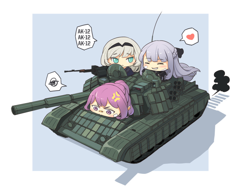 3girls ahoge ak-12_(girls_frontline) an-94_(girls_frontline) anger_vein chibi girls_frontline green_eyes ground_vehicle heart long_hair military military_vehicle motor_vehicle multiple_girls open_mouth pink_eyes pink_hair purple_hair sima_naoteng simple_background smile spoken_heart st_ar-15_(girls_frontline) t-64 tank white_background white_hair