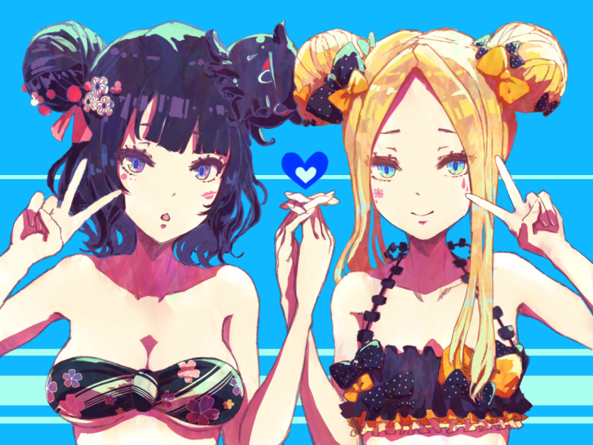 2girls abigail_williams_(fate/grand_order) animal bangs bare_arms bare_shoulders bikini black_bikini black_bow blonde_hair blue_background blue_eyes bow breasts chestnut_mouth cleavage closed_mouth collarbone commentary_request double_bun emerald_float facial_mark fate/grand_order fate_(series) fingernails forehead hair_bow hair_bun hands_up heart interlocked_fingers katsushika_hokusai_(fate/grand_order) long_hair medium_breasts minyom multiple_girls octopus orange_bow parted_bangs parted_lips polka_dot polka_dot_bow purple_hair side_bun sidelocks small_breasts smile sweatdrop swimsuit tokitarou_(fate/grand_order) v violet_eyes