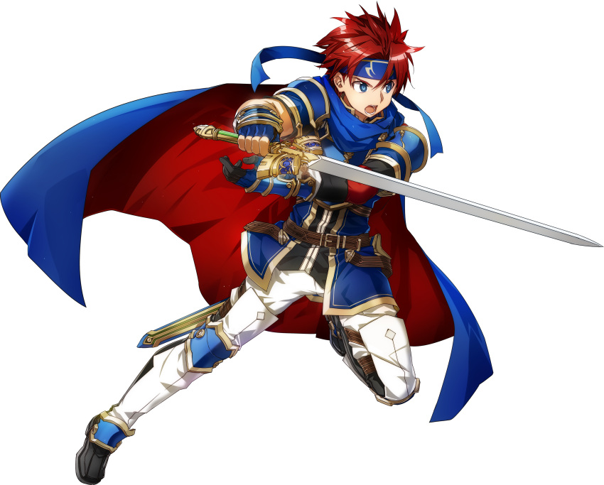 1boy absurdres armor blue_armor blue_eyes bunbun cape fire_emblem fire_emblem:_fuuin_no_tsurugi fire_emblem_heroes full_body gloves headband highres looking_at_viewer male_focus redhead roy_(fire_emblem) short_hair simple_background smile sword weapon