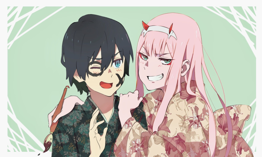 1boy 1girl bangs beige_kimono black_hair blue_eyes blush commentary couple darling_in_the_franxx eyebrows_visible_through_hair face_painting facepaint fang floral_background green_eyes green_shirt hair_ornament hairband hand_up hands_on_another's_shoulder hawaiian_shirt hetero hiro_(darling_in_the_franxx) holding holding_brush horns japanese_clothes kimono long_hair long_sleeves looking_at_another looking_at_viewer one_eye_closed oni_horns paint_on_face pink_hair red_horns shirt short_hair white_hairband wide_sleeves yukata zero_two_(darling_in_the_franxx) zzl