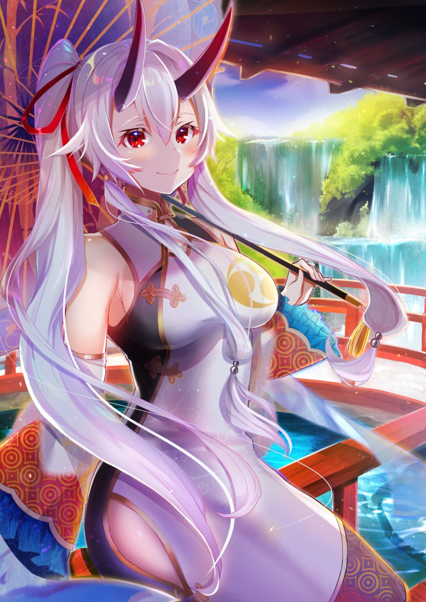 1girl architecture blush breasts bridge china_dress chinese_architecture chinese_clothes commentary_request detached_sleeves dress east_asian_architecture fate/grand_order fate_(series) felnemo hair_ribbon heroic_spirit_traveling_outfit highres long_hair looking_at_viewer medium_breasts oni_horns oriental_umbrella ponytail railing red_eyes red_ribbon ribbon side_slit sidelocks silver_hair smile solo tomoe_(symbol) tomoe_gozen_(fate/grand_order) umbrella water waterfall wide_sleeves