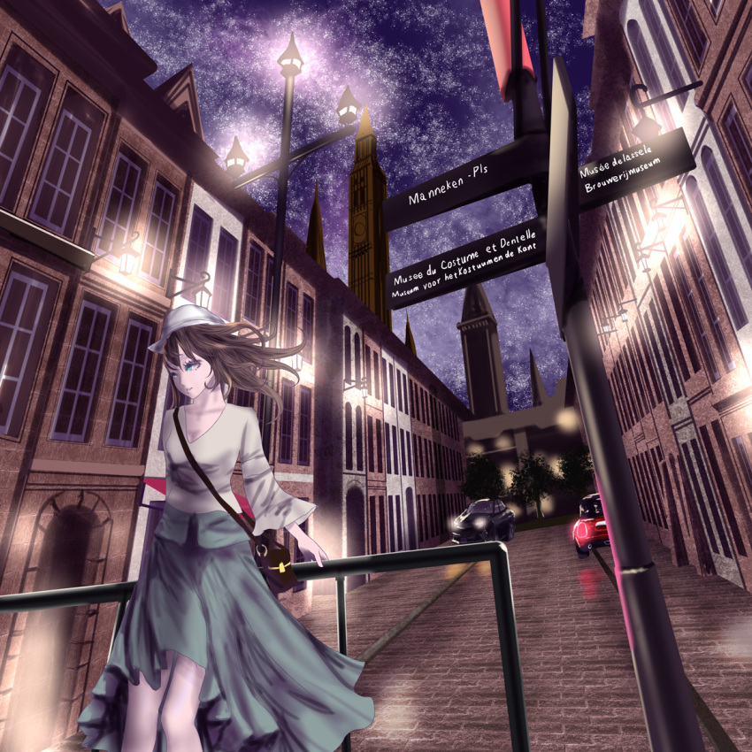 1girl arm_behind_back bag bangs blue_eyes breasts building car city city_lights cityscape floating_hair grey_skirt ground_vehicle hat highres lamppost leaning long_hair long_skirt long_sleeves motor_vehicle night night_sky original outdoors road_sign scenery shaded_face shirt shoulder_bag sign skirt sky solo standing star_(sky) starry_sky tower white_hat white_shirt wide_sleeves window yusuke_(shiota)