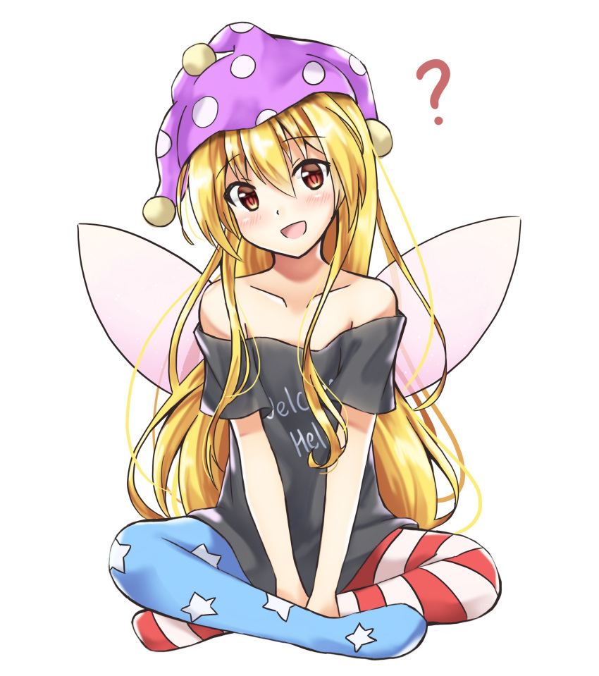 1girl :d ? absurdres akiteru98 american_flag_legwear bare_shoulders black_shirt blonde_hair clothes_writing clownpiece commentary_request cosplay eyebrows_visible_through_hair fairy_wings hair_between_eyes hat hecatia_lapislazuli hecatia_lapislazuli_(cosplay) highres indian_style jester_cap looking_at_viewer off_shoulder open_mouth pantyhose red_eyes shirt simple_background sitting smile solo touhou white_background wings