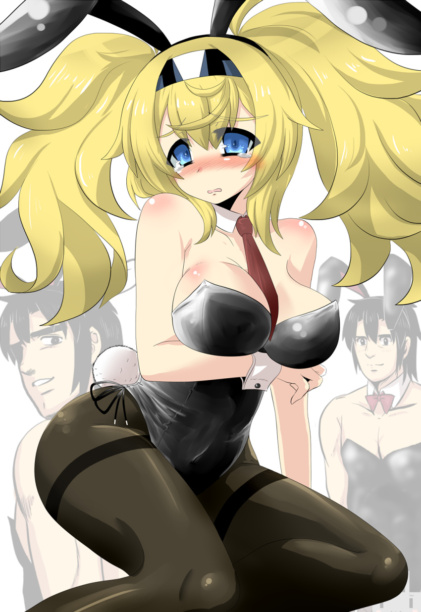 1boy 1girl admiral_(kantai_collection) animal_ears between_breasts black_hair black_legwear blonde_hair blue_eyes blush bow bowtie breast_hold breasts bunny_tail bunnysuit cleavage commentary_request detached_collar fake_animal_ears gambier_bay_(kantai_collection) goma_(gomasamune) hair_between_eyes hairband highres kantai_collection kuso_miso_technique large_breasts long_hair looking_at_viewer necktie necktie_between_breasts open_mouth pantyhose parody rabbit_ears shiny shiny_skin smile style_parody tail tearing_up tears twintails wrist_cuffs