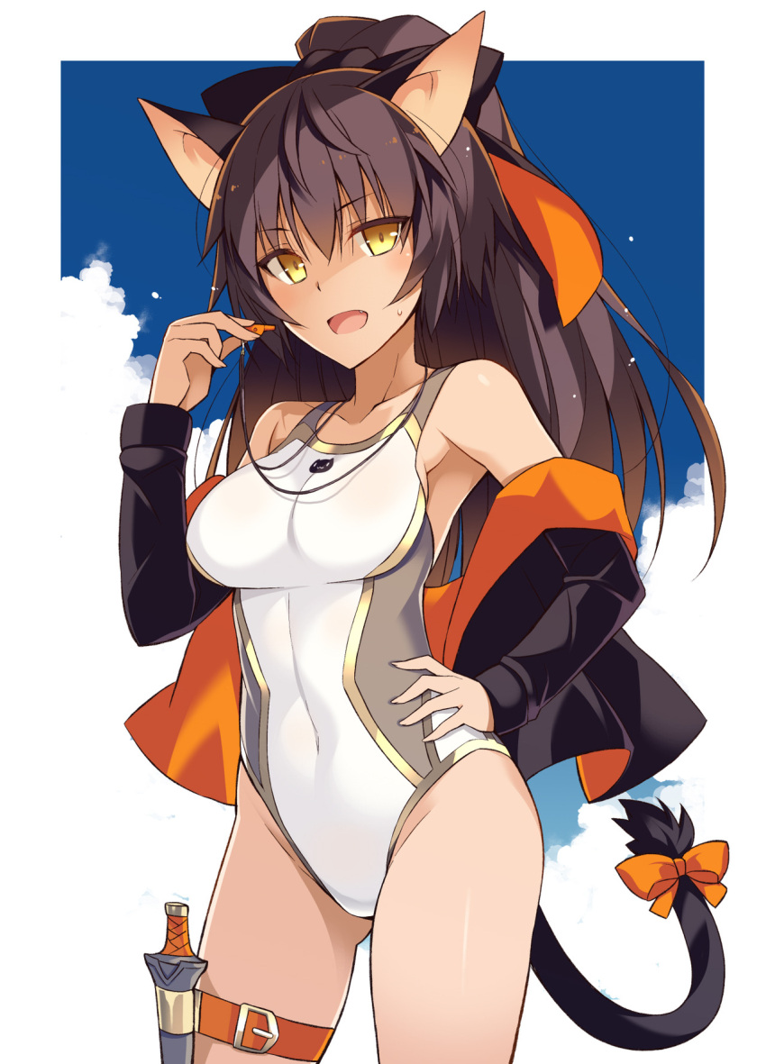 1girl :d animal_ears ass_visible_through_thighs bangs bare_shoulders black_ribbon blue_sky blush breasts brown_hair cat_ears cat_tail clouds competition_swimsuit covered_navel cowboy_shot eyebrows_visible_through_hair fang hair_ribbon hand_on_hip hand_up highres holding jacket large_breasts leg_belt long_hair long_sleeves looking_at_viewer off_shoulder one-piece_swimsuit oota_yuuichi open_mouth orange_ribbon original ribbon sky smile solo standing sweatdrop swimsuit tail tail_ribbon whistle