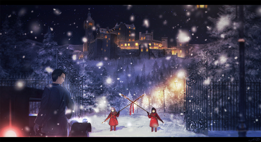 1boy 2girls black_hair blue_eyes brown_hair car castle fence gate ground_vehicle guards lance letterboxed looking_at_another motor_vehicle multiple_girls night original outdoors scenery short_hair snow snowing standing tree yomochi_(y0m0chi)