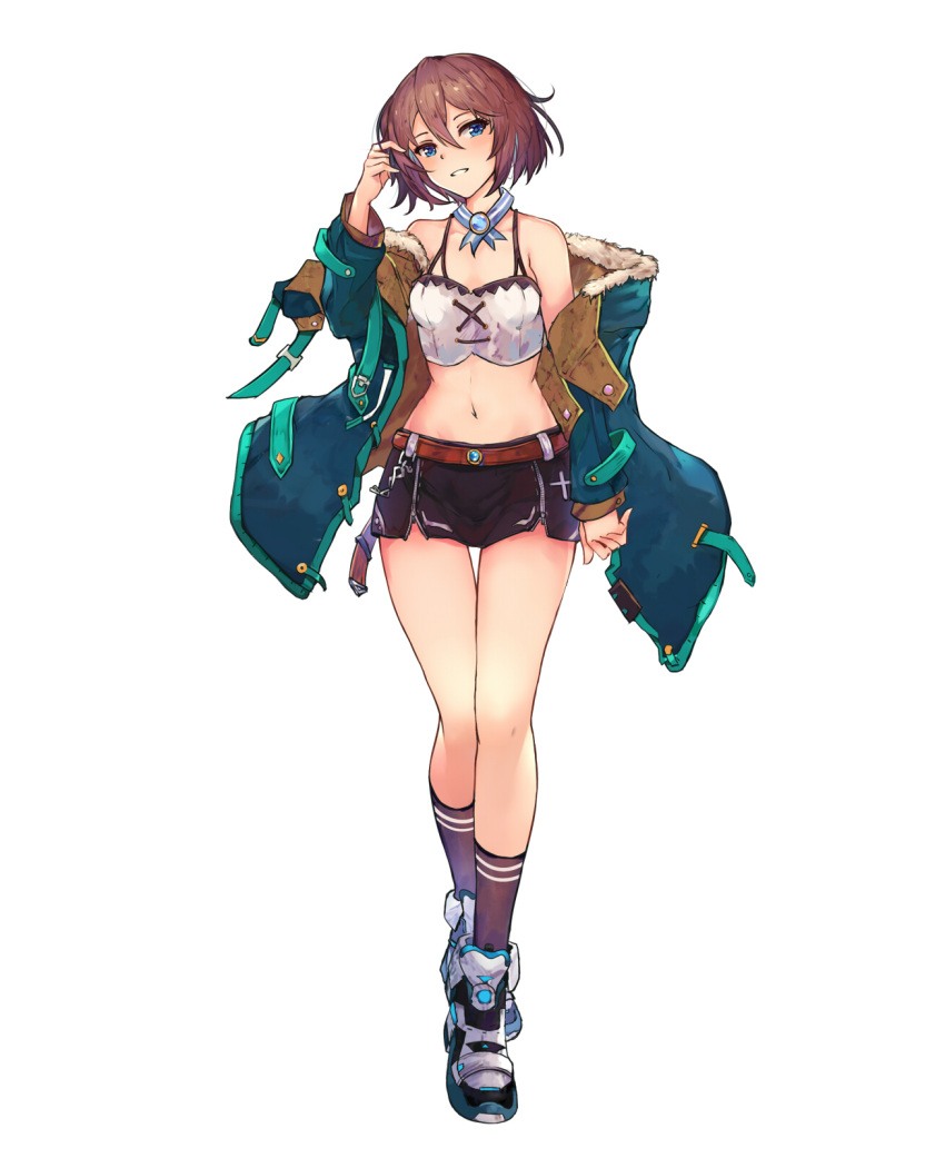 1girl arm_up bare_legs bare_shoulders belt black_legwear blanc blue_coat blue_eyes breasts brown_hair camisole choujigen_game_neptune cleavage coat full_body gem hair_between_eyes hand_in_hair head_tilt highres keychain kneehighs long_sleeves looking_at_viewer navel neptune_(series) off_shoulder open_clothes open_coat parted_lips red_shorts shoes short_hair short_shorts shorts simple_background small_breasts smile sneakers solo standing thigh_gap white_background white_crow white_footwear