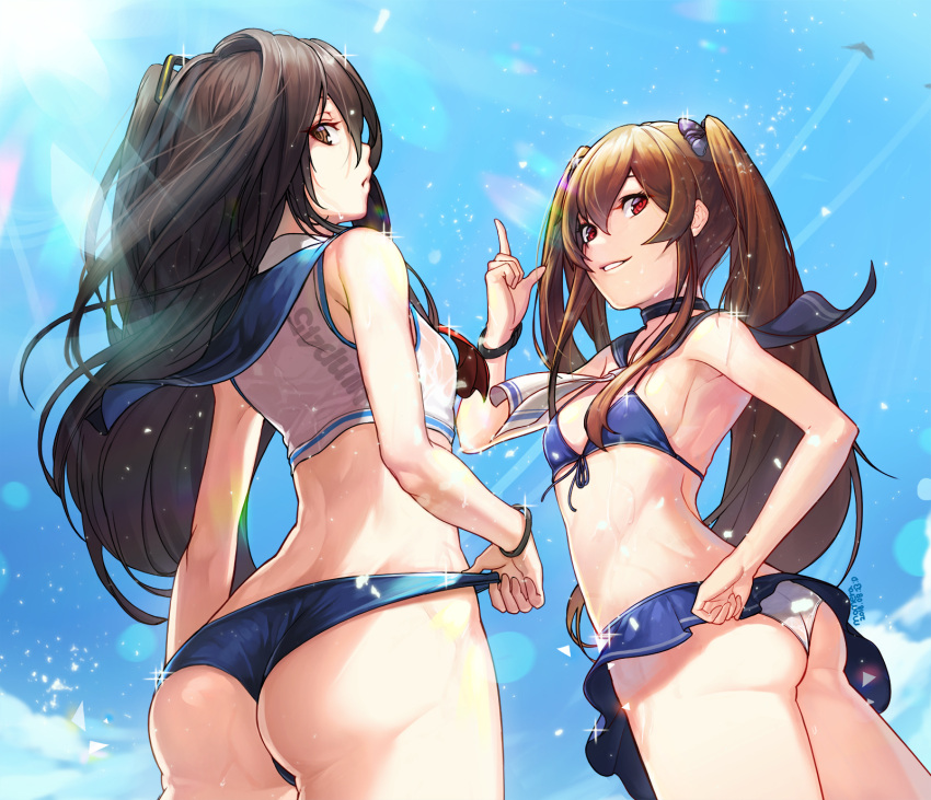 2girls ass bangs bare_shoulders bikini bikini_pull bikini_skirt black_bow blue_bikini blue_bikini_top blue_sky blush bow breasts brown_hair character_name cleavage collarbone cowboy_shot crop_top crossed_bangs day eyebrows_visible_through_hair from_behind front-tie_top girls_frontline hair_ornament hairclip highres light_brown_hair lips long_hair looking_at_viewer midriff momera multiple_girls one_side_up outdoors parted_lips red_eyes sailor_bikini sailor_collar scar scar_across_eye see-through shirt siblings sisters sky small_breasts standing swimsuit thighs twins twintails ump45_(girls_frontline) ump9_(girls_frontline) wet wet_clothes wet_hair wet_shirt white_bikini_bottom