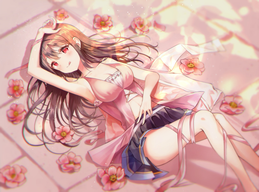 1girl :q armpits bangs blush brown_hair eyebrows_visible_through_hair flower from_above highres long_hair looking_at_viewer lying neiless_neiro on_back original red_eyes ribbon skirt solo tongue tongue_out v