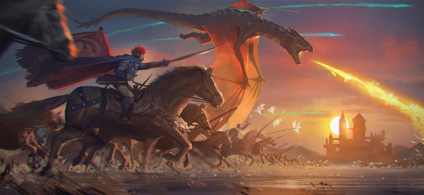 1boy armor army breathing_fire cape castle charging dragon eliwood_(fire_emblem) epic fire fire_emblem fire_emblem:_rekka_no_ken flag holding holding_sword holding_weapon horse illustman_(u_ip8s) motion_blur open_mouth pegasus pegasus_knight polearm redhead riding saddle scenery short_hair solo_focus spear sun sunset sword tail war weapon wings wyvern