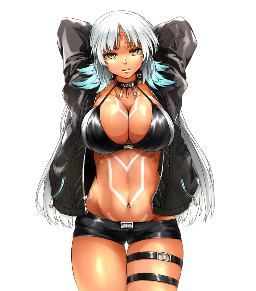 1girl arms_behind_head azur_lane bikini_top black_jacket black_shorts breasts brown_eyes cleavage closed_mouth commentary_request dark_skin eyebrows_visible_through_hair highres jacket large_breasts long_hair long_sleeves looking_at_viewer massachusetts_(azur_lane) micro_shorts native_american navel okutama_tarou open_clothes shorts simple_background skindentation smile solo standing thigh_gap thigh_strap white_background white_hair
