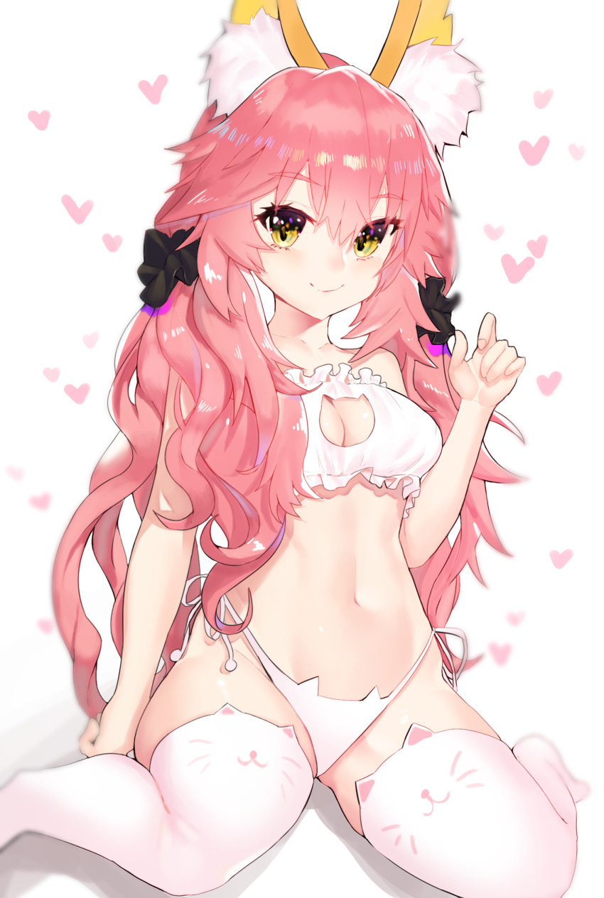 1girl animal_ear_fluff animal_ears animal_print between_legs blush bra breasts cat cat_between_legs cat_cutout cat_ear_panties cat_lingerie cat_panties cat_print cleavage cleavage_cutout collarbone eyebrows_visible_through_hair fate/extra fate/grand_order fate_(series) fox_ears fox_tail frilled_bra frills full_body heart highres large_breasts light_smile lingerie long_hair mangolingo_(mangoooo_74) meme_attire navel panties pink_hair print_panties side-tie_panties simple_background sitting solo tail tamamo_(fate)_(all) tamamo_no_mae_(fate) underwear underwear_only wariza white_background white_bra yellow_eyes