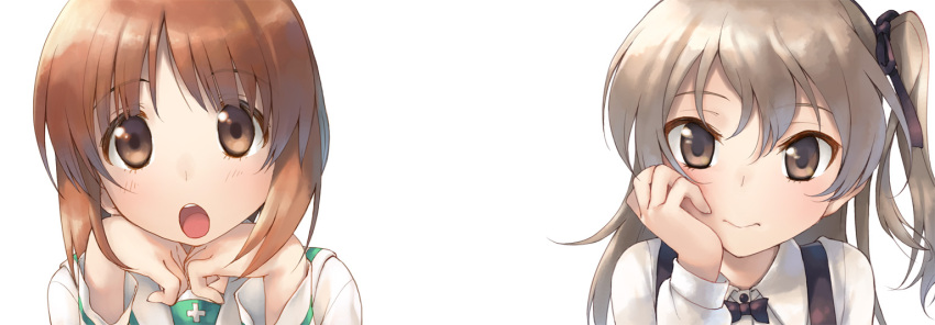 2girls black_neckwear bow bowtie brown_eyes brown_hair chin_rest eyebrows_visible_through_hair eyes_visible_through_hair girls_und_panzer hair_between_eyes hair_ribbon hand_on_own_cheek long_sleeves multiple_girls nishizumi_miho one_side_up ooarai_school_uniform open_mouth ribbon shimada_arisu suspenders temurei_(vovovov)