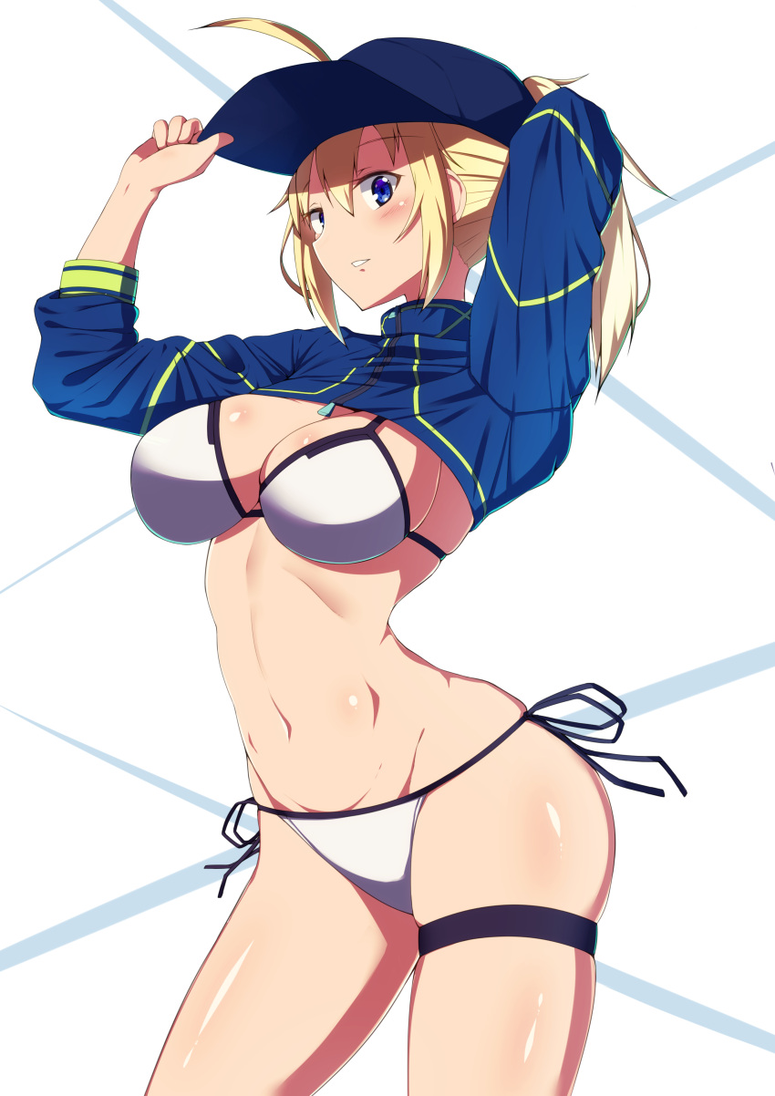 1girl absurdres adjusting_clothes adjusting_hat ahoge baseball_cap bikini blonde_hair blue_eyes breasts cleavage cowboy_shot cropped_jacket fate/grand_order fate_(series) hat highres kawaruhi long_hair looking_at_viewer medium_breasts mysterious_heroine_xx_(foreigner) ponytail side-tie_bikini solo swimsuit white_background white_bikini