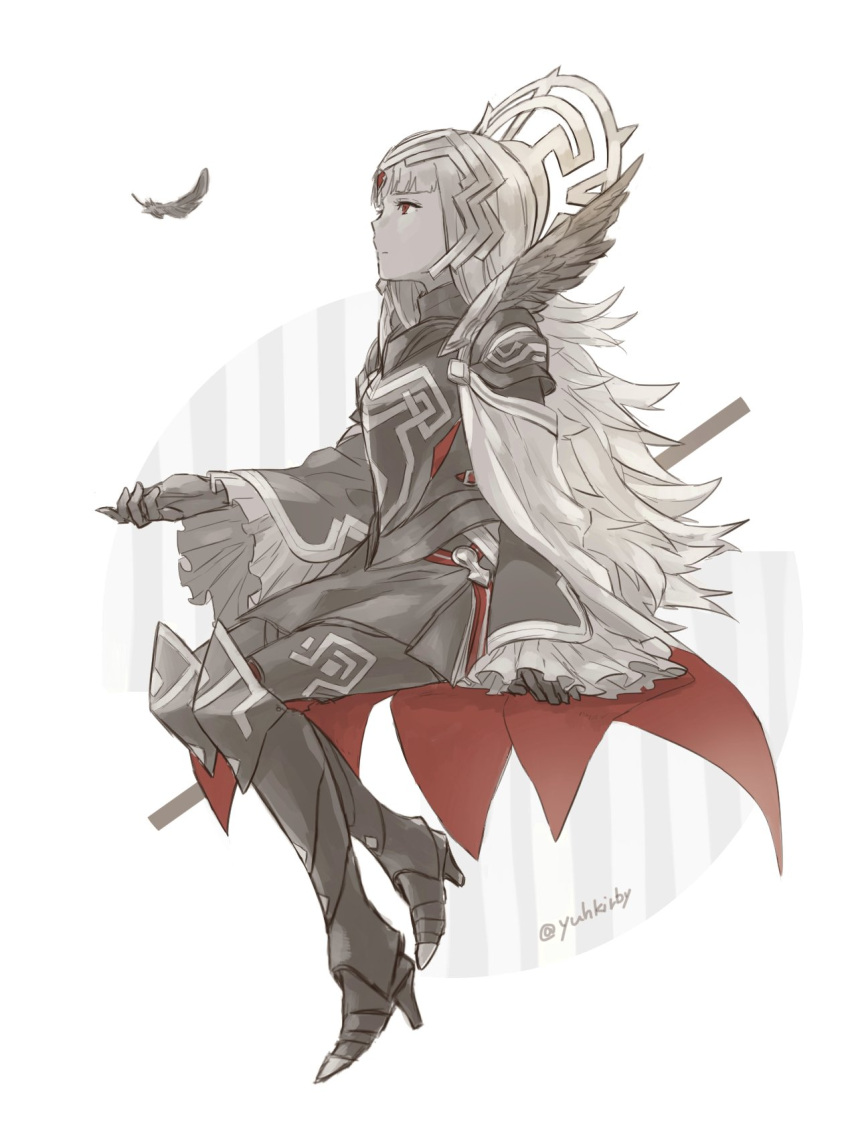 1girl armor cape closed_mouth crown feathers fire_emblem fire_emblem_heroes hair_ornament high_heels highres long_hair long_sleeves red_cape red_eyes shoulder_armor sitting solo twitter_username veronica_(fire_emblem) yuhkirby