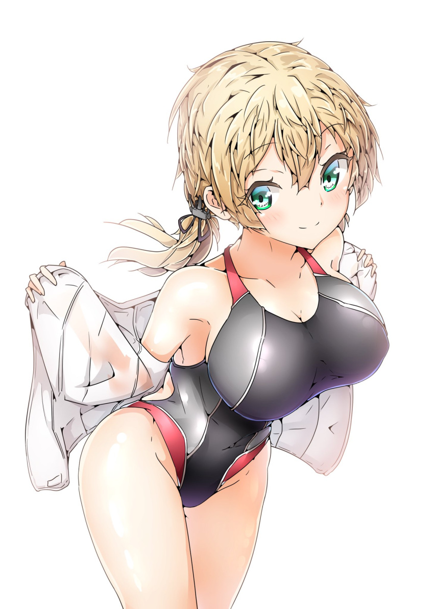 1girl alternate_costume anchor_hair_ornament aqua_eyes armpits bangs blonde_hair blush breasts cleavage collarbone covered_navel hair_between_eyes hair_ornament harukawa_(hal501) highres kantai_collection large_breasts long_hair looking_at_viewer low_twintails one-piece_swimsuit prinz_eugen_(kantai_collection) removing_jacket sidelocks simple_background smile solo swimsuit twintails white_background