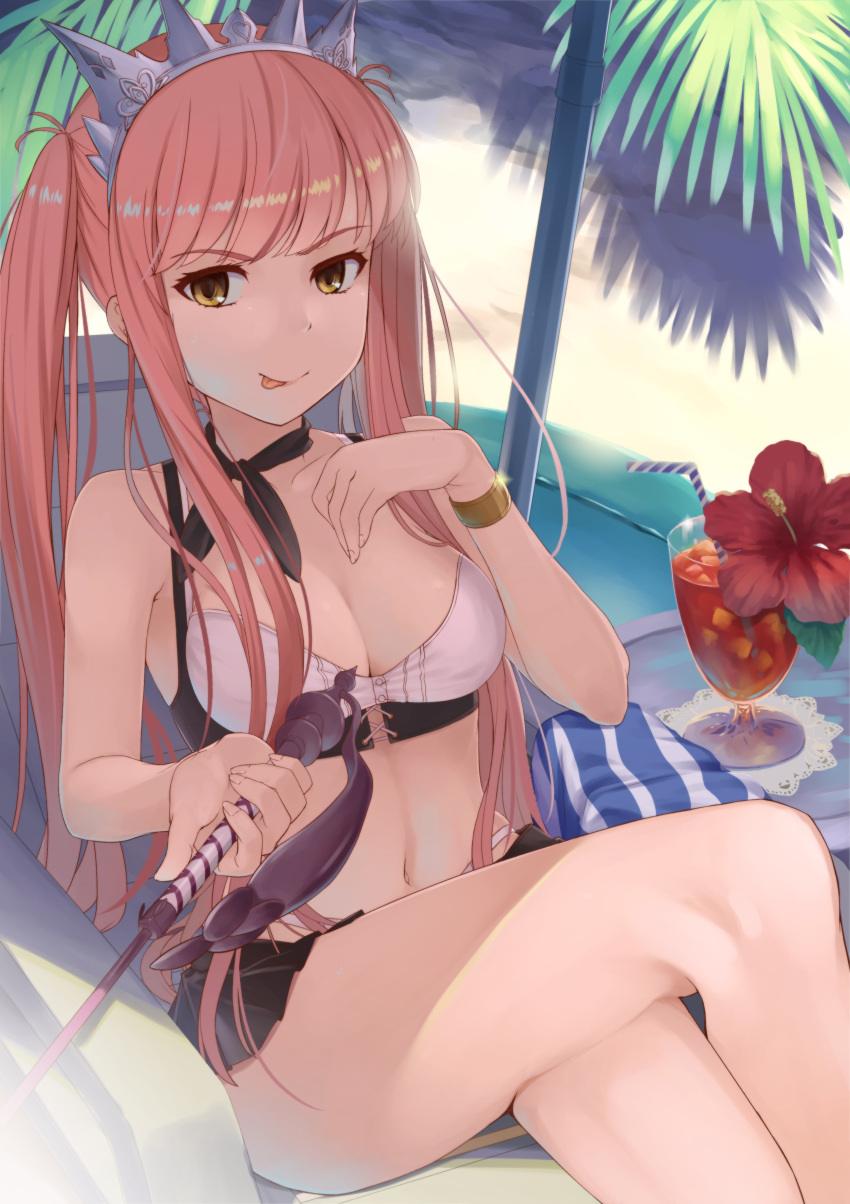 1girl :p absurdres bare_legs bikini bracelet breasts chair cleavage fate/grand_order fate_(series) flower hibiscus highres holding jewelry legs_crossed long_hair looking_at_viewer lounge_chair medb_(fate)_(all) medb_(swimsuit_saber)_(fate) medium_breasts navel pink_hair riding_crop shiro_manjuu_(shiroxie) smile solo swimsuit tiara tongue tongue_out tropical_drink twintails white_bikini yellow_eyes