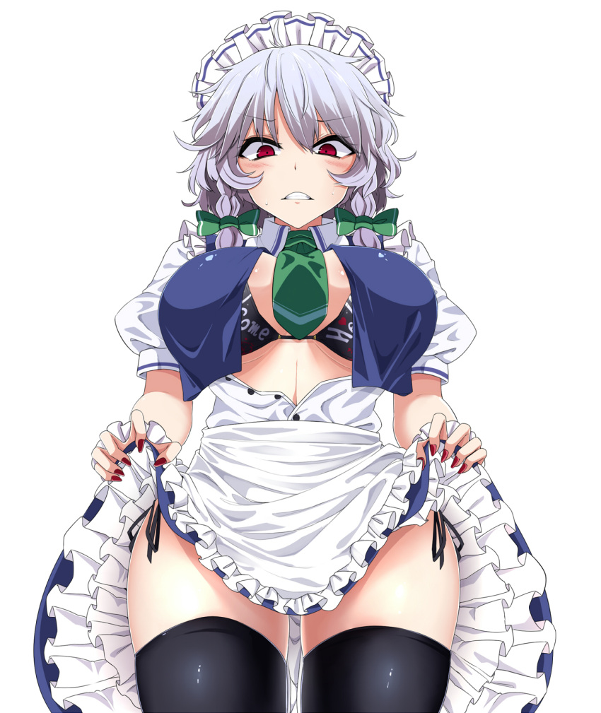 1girl apron bangs black_bra black_legwear black_panties blue_skirt blue_vest blush bow bra braid breasts clenched_teeth clothes_writing commentary_request cosplay eyebrows_visible_through_hair frilled_apron frills from_below green_bow green_neckwear hair_bow hecatia_lapislazuli hecatia_lapislazuli_(cosplay) highres izayoi_sakuya large_breasts lifted_by_self looking_at_viewer looking_down maid maid_headdress nail_polish necktie open_clothes open_shirt panties petticoat puffy_short_sleeves puffy_sleeves red_eyes red_nails rihito_(usazukin) shirt short_sleeves side-tie_panties silver_hair simple_background skindentation skirt skirt_lift solo teeth thigh-highs touhou twin_braids underwear vest white_apron white_background white_shirt wing_collar wrist_cuffs