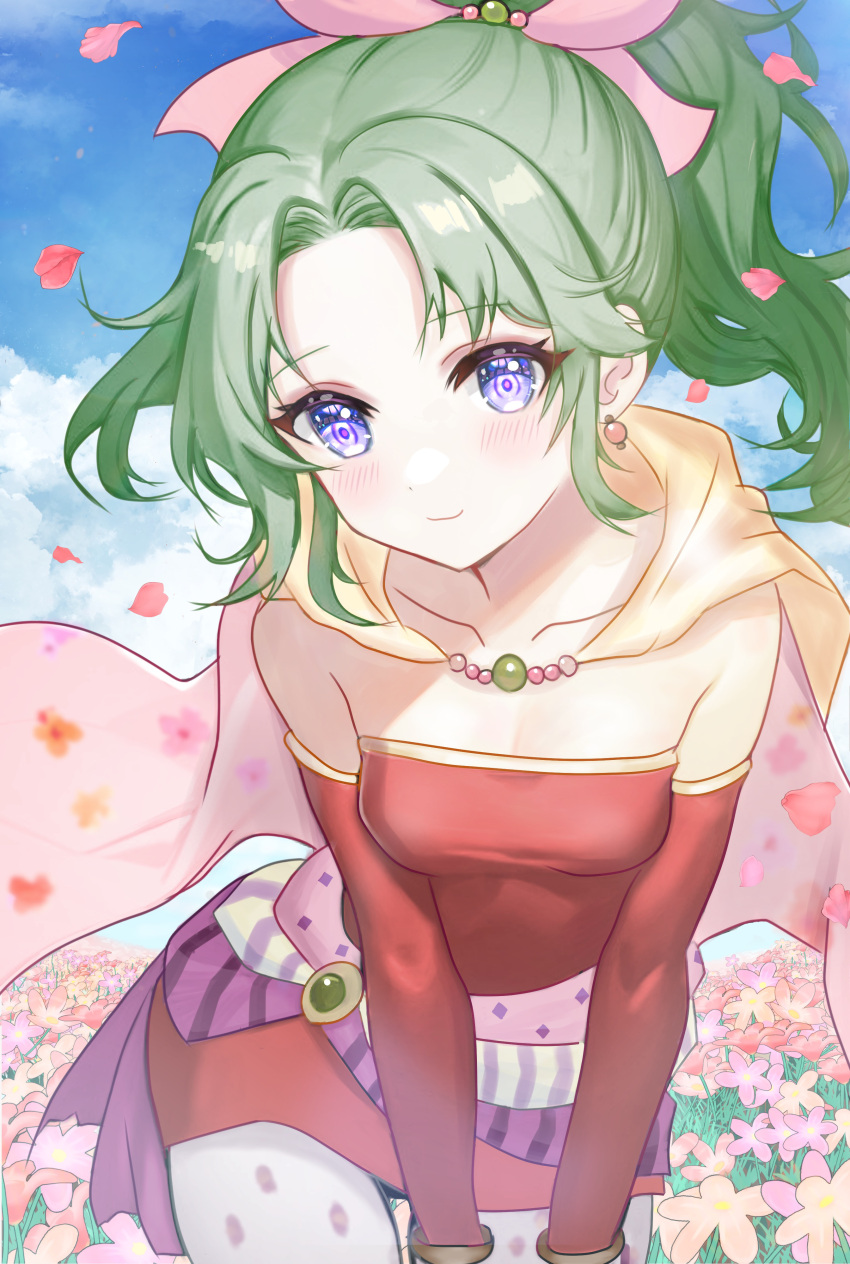 1girl absurdres bare_shoulders blue_sky breasts cape detached_sleeves dress earrings eyelashes final_fantasy final_fantasy_vi flower green_hair highres jewelry long_hair looking_at_viewer petals ponytail red_dress sky small_breasts smile solo strapless strapless_dress terra_branford violet_eyes yua_666666
