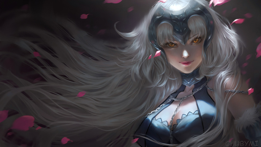 1girl armor armored_dress black_dress breasts chains chuby_mi cleavage cleavage_cutout dress eyebrows_visible_through_hair face fate/grand_order fate_(series) fur_trim headpiece highres jeanne_d'arc_(alter)_(fate) jeanne_d'arc_(fate)_(all) large_breasts looking_at_viewer petals pink_lips silver_hair smile yellow_eyes