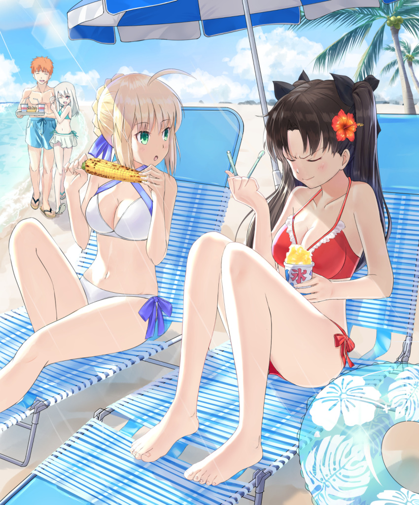 1boy 3girls ahoge artoria_pendragon_(all) beach beach_chair beach_umbrella bikini bikini_skirt black_hair blonde_hair brother_and_sister closed_eyes drink emiya-san_chi_no_kyou_no_gohan emiya_shirou fate/grand_order fate/hollow_ataraxia fate/kaleid_liner_prisma_illya fate/stay_night fate_(series) female_swimwear floral_print flower food friends green_bikini illyasviel_von_einzbern innertube kima_aratame_a_senmei long_hair male_swimwear ocean open_eyes orange_hair outdoors palmtree red_bikini ribbon saber sandals short_hair smile summer swim_trunks swimsuit swimwear tohsaka_rin umbrella unlimited_blade_works white_bikini white_hair