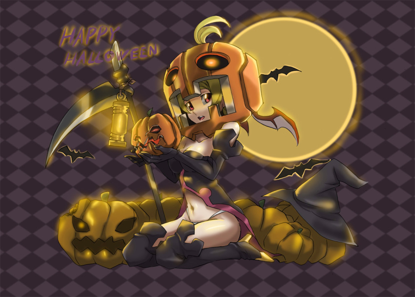 boots halloween hat kneeling moon nana_g pumpkin red_eyes scythe thigh-highs thigh_boots thighhighs witch_hat