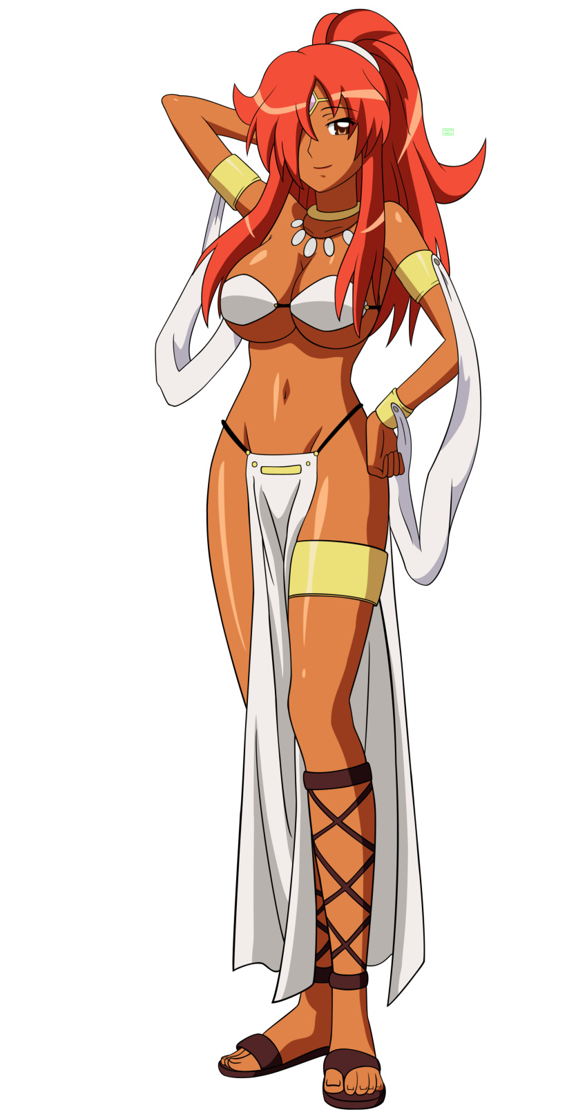 bikini breasts brown_eyes dark_skin hair_over_one_eye highres jewelry kebinu kirche_augusta_frederica_von_anhalt_zerbst large_breasts loincloth long_hair long_loincloth necklace ponytail red_hair redhead sandals smile swimsuit transparent_background vector_trace zero_no_tsukaima
