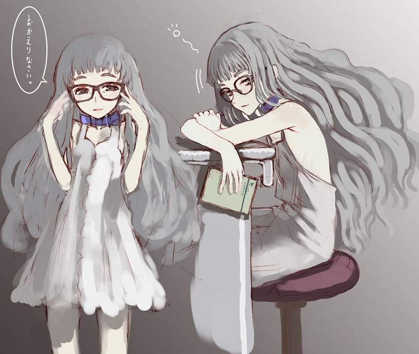 book collar dress freckles glasses long_hair naked_overalls overalls raita silver_hair stool