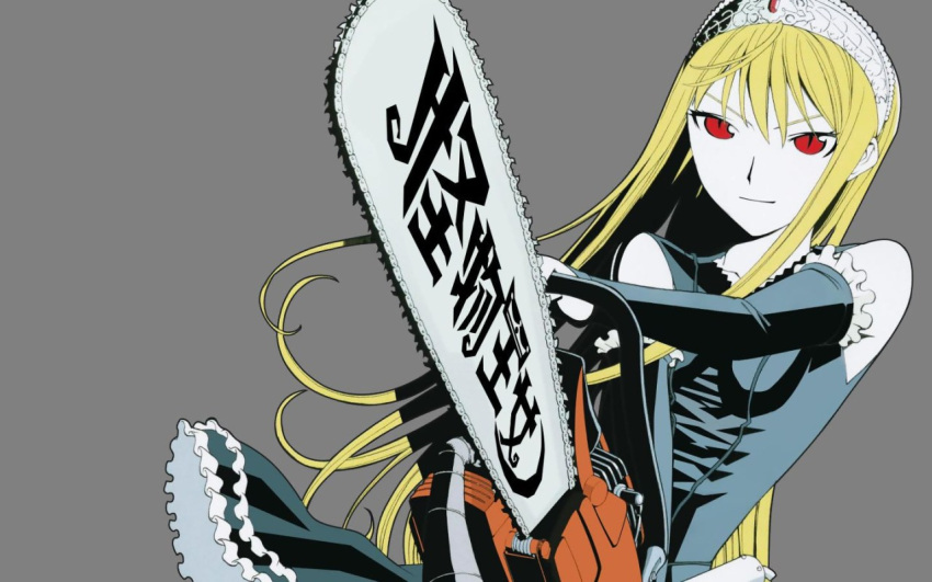 1280x800 blonde_hair chainsaw chicks_with_chainsaws kaibutsu_oujo lilianne red_eyes tiara