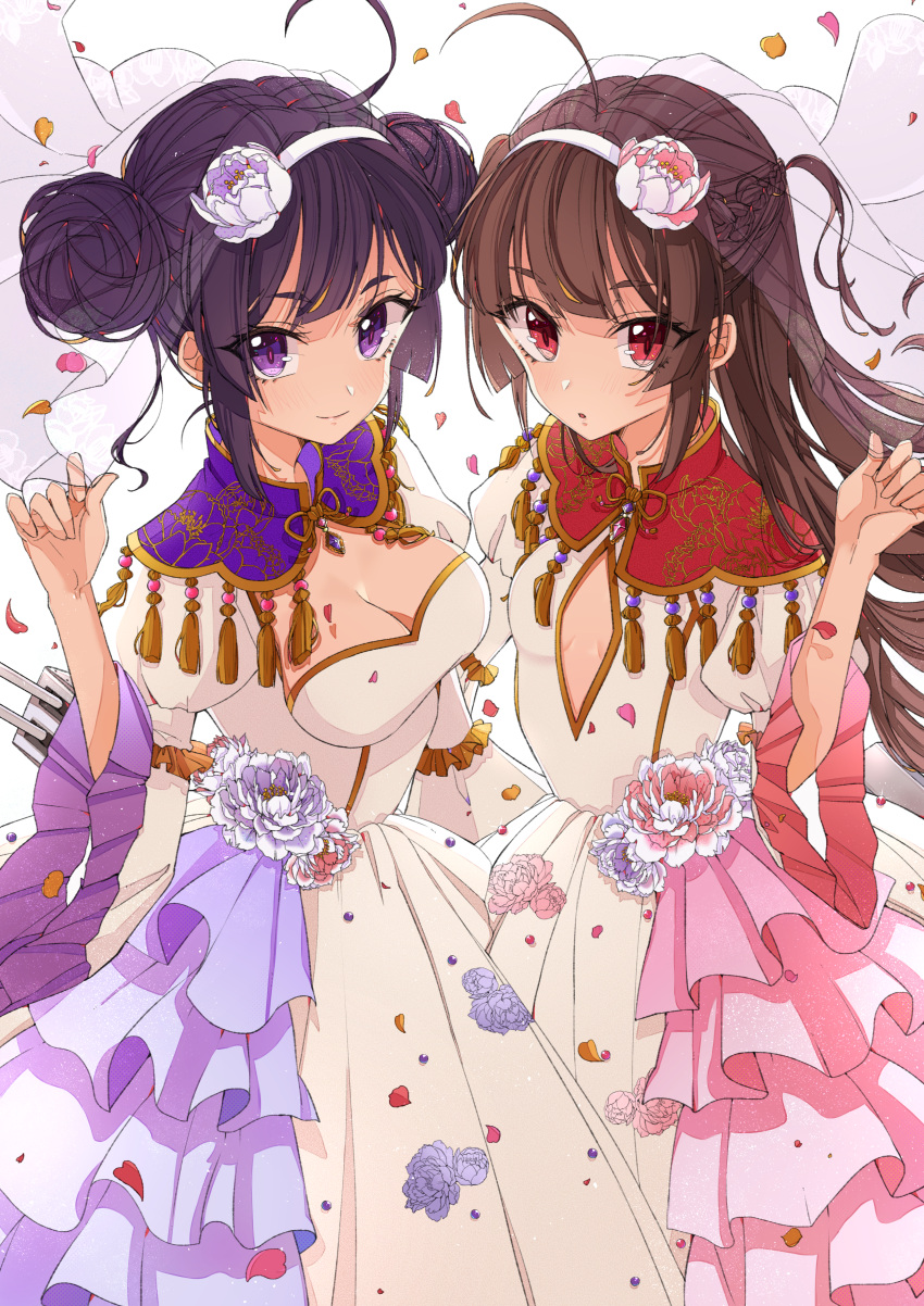 2girls :o absurdres azur_lane bangs blue_flower blush breasts brown_hair cleavage closed_mouth commentary_request double_bun dress eyebrows_visible_through_hair flower hair_flower hair_ornament hairband hand_up highres huge_filesize juliet_sleeves long_hair long_sleeves medium_breasts multiple_girls ning_hai_(azur_lane) osanai parted_lips petals ping_hai_(azur_lane) puffy_sleeves purple_hair red_eyes see-through side_bun small_breasts smile thick_eyebrows veil very_long_hair violet_eyes white_background white_dress white_flower white_hairband wide_sleeves