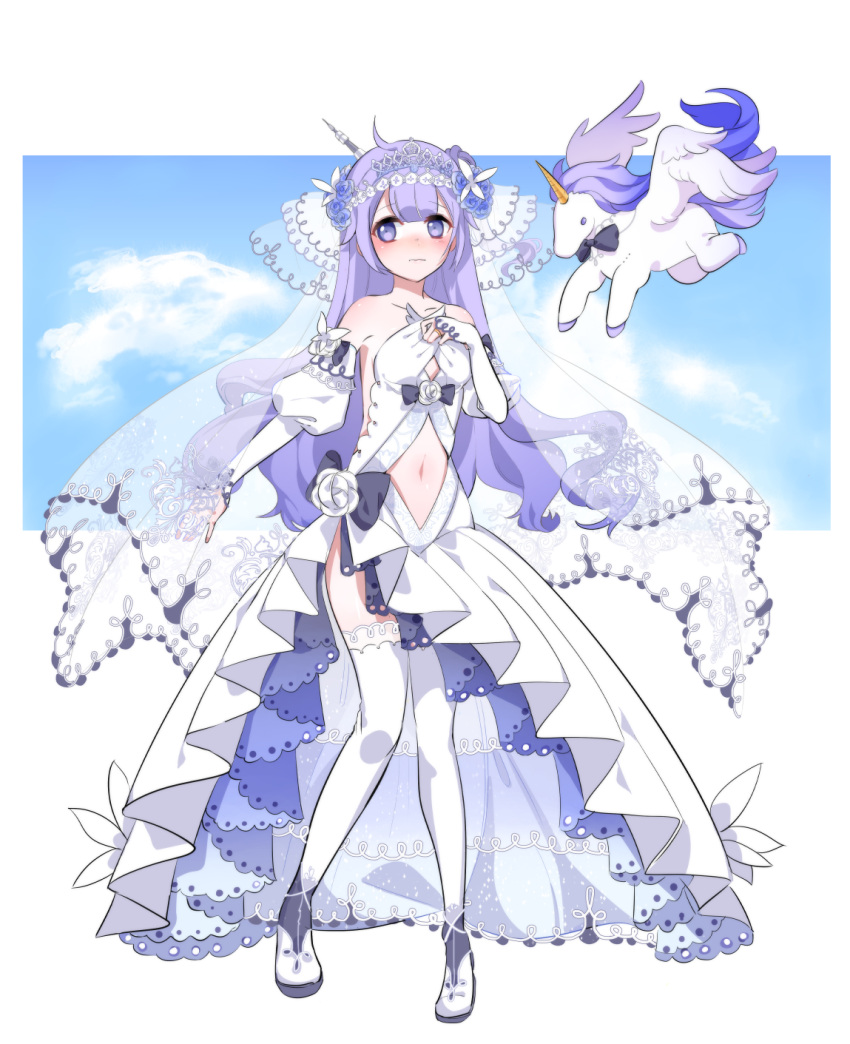 ahoge alicorn animal azur_lane bangs black_neckwear blue_flower blue_rose blue_sky blush bow bowtie closed_mouth clouds collarbone criac day detached_sleeves dress eyebrows_visible_through_hair flower flying hair_flower hair_ornament highres juliet_sleeves long_hair long_sleeves navel navel_cutout puffy_sleeves purple_hair rose see-through sky sleeves_past_wrists standing strapless strapless_dress thigh-highs tiara unicorn_(azur_lane) veil very_long_hair violet_eyes wavy_mouth white_dress white_footwear white_legwear