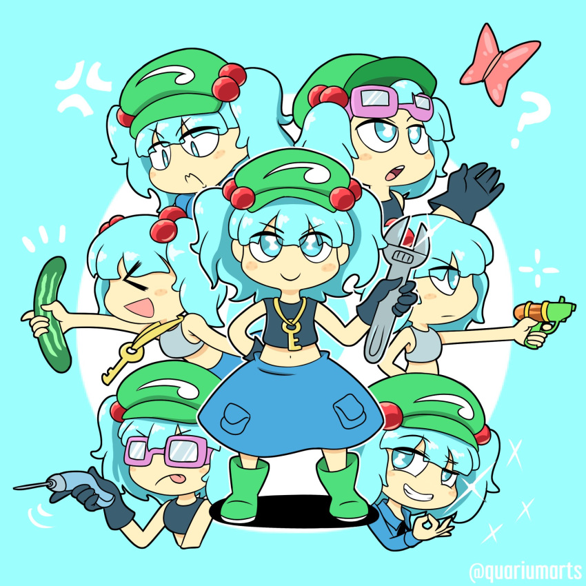 &gt;_&lt; 1girl :d anger_vein aqua_background aqua_eyes aqua_hair bangs black_gloves black_shirt blue_shirt blunt_bangs blush_stickers bug butterfly chibi collared_shirt crop_top cucumber eyebrows_visible_through_hair frown gloves goggles goggles_on_head green_hat grey_shirt grin hair_bobbles hair_ornament hair_over_eyes hat highres insect kawashiro_nitori key key_necklace looking_at_viewer midriff multiple_views navel ok_sign open_mouth power_drill quariumarts shirt smile smirk sparkle tank_top touhou twintails twitter_username water_gun wrench