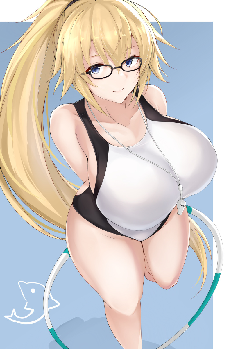 1girl absurdres arms_behind_back black-framed_eyewear blonde_hair blue_eyes breasts competition_swimsuit curvy fate_(series) glasses highres hoop huge_breasts hula_hoop jeanne_d'arc_(fate) jeanne_d'arc_(fate)_(all) long_hair looking_at_viewer maruya1006 one-piece_swimsuit ponytail smile solo swimsuit thick_thighs thighs very_long_hair whistle wide_sleeves
