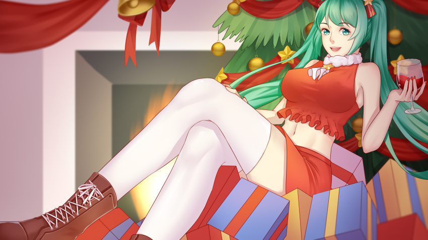 ang_(6107939) aqua_eyes aqua_hair bell boots breasts christmas christmas_ornaments christmas_tree cross-laced_footwear cup drinking_glass eyebrows_visible_through_hair fireplace gift hatsune_miku highres lace-up_boots large_breasts legs_crossed long_hair midriff nail_polish navel smile thigh-highs thighs twintails vocaloid white_legwear wine_glass