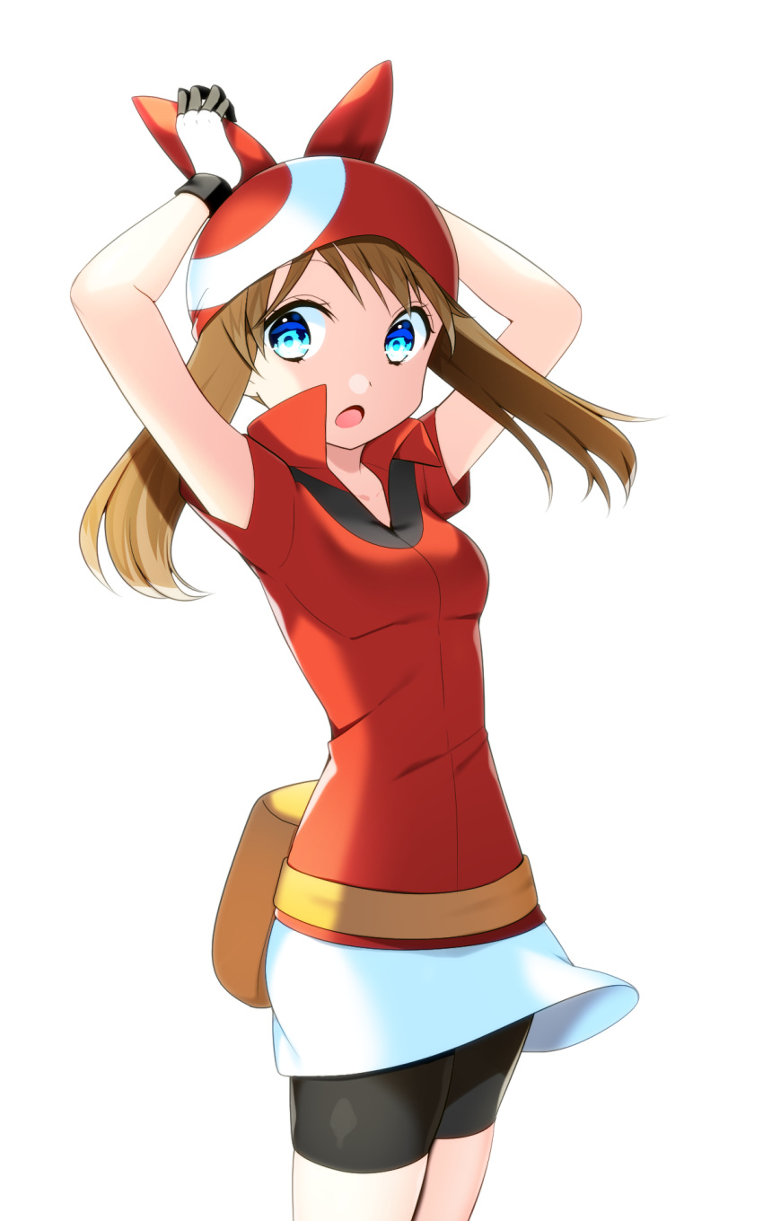 1girl arms_up bike_shorts black_shorts blue_eyes breasts brown_hair cowboy_shot creatures_(company) floating_hair game_freak haruka_(pokemon) hat highres long_hair nintendo open_mouth overskirt pokemon pokemon_(game) pokemon_rse red_hat red_shirt shirt short_shorts shorts shorts_under_skirt simple_background skirt small_breasts solo standing twintails white_background white_skirt yuihiko