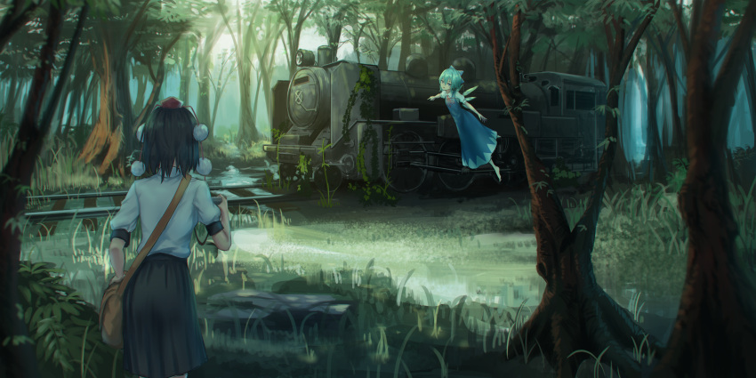 2girls :o bag bangs barefoot black_hair black_skirt blue_bow blue_dress blue_eyes blue_hair bow brown_bag cirno commentary_request dress eyebrows_visible_through_hair feet_out_of_frame floating forest from_behind grass ground_vehicle hair_between_eyes hair_bow hat highres ice ice_wings looking_at_viewer multiple_girls nature neck_ribbon open_mouth outdoors pinafore_dress pleated_skirt pointing pom_pom_(clothes) puffy_short_sleeves puffy_sleeves railroad_tracks red_neckwear red_ribbon ribbon roke_(taikodon) satchel shameimaru_aya shirt short_hair short_sleeves skirt standing tokin_hat touhou train tree white_shirt wings