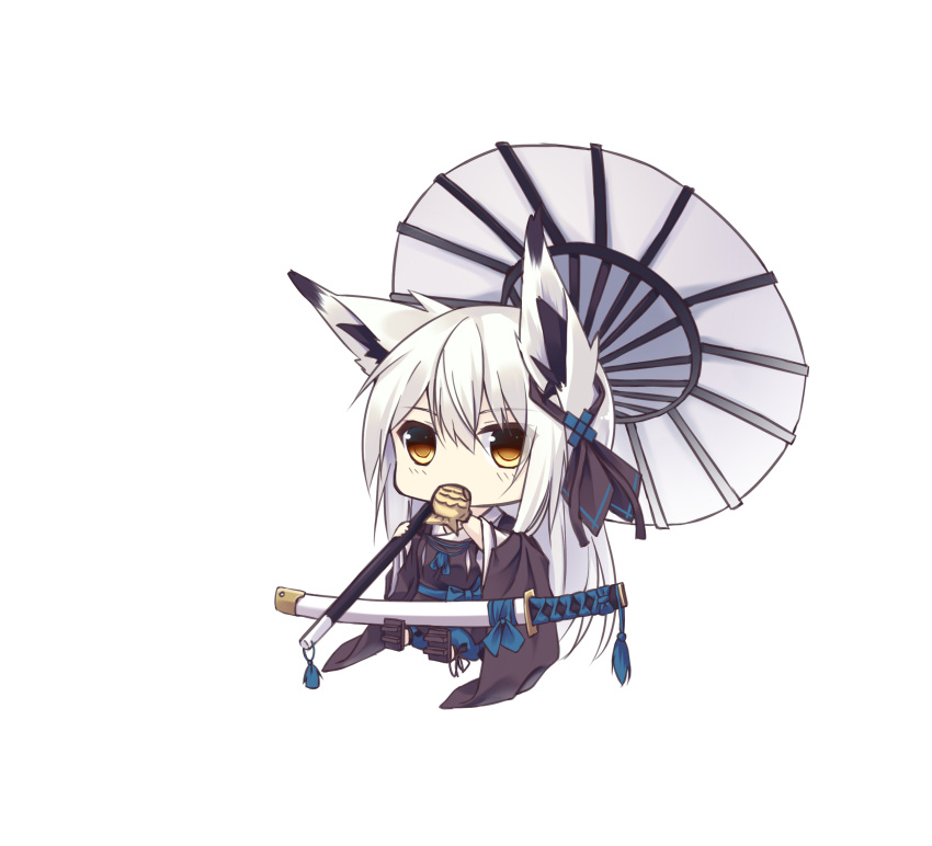 1girl absurdres animal_ears bangs blush brown_eyes brown_footwear brown_kimono chibi copyright_request eating eyebrows_visible_through_hair food geta hair_between_eyes highres holding holding_umbrella japanese_clothes katana kimono long_hair long_sleeves nagishiro_mito oriental_umbrella sheath sheathed simple_background sitting solo sword taiyaki umbrella very_long_hair wagashi weapon white_background white_hair white_umbrella wide_sleeves