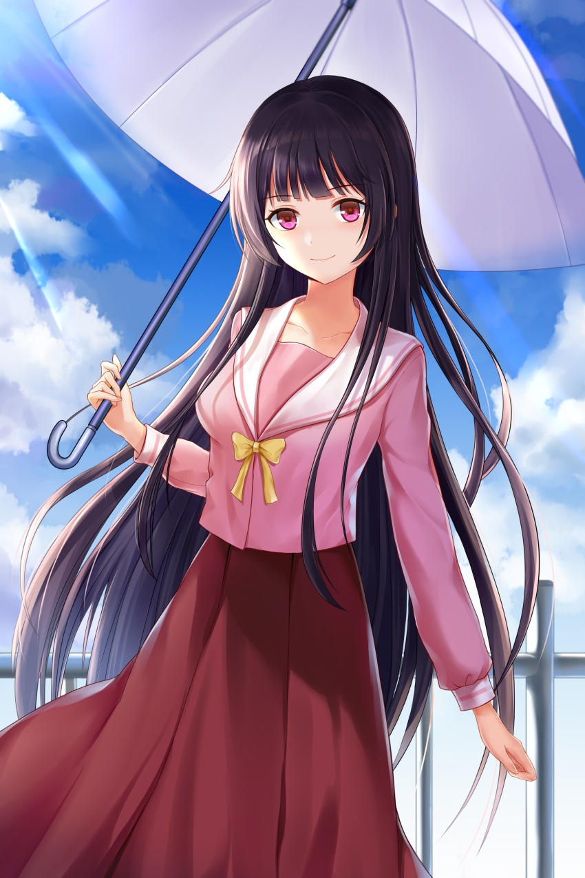 1girl absurdres adapted_costume black_hair breasts collarbone fence highres houraisan_kaguya light_blush light_smile long_hair long_skirt looking_at_viewer medium_breasts red_eyes sailor_collar school_uniform skirt solo touhou umbrella very_long_hair yuuka_(uralum)