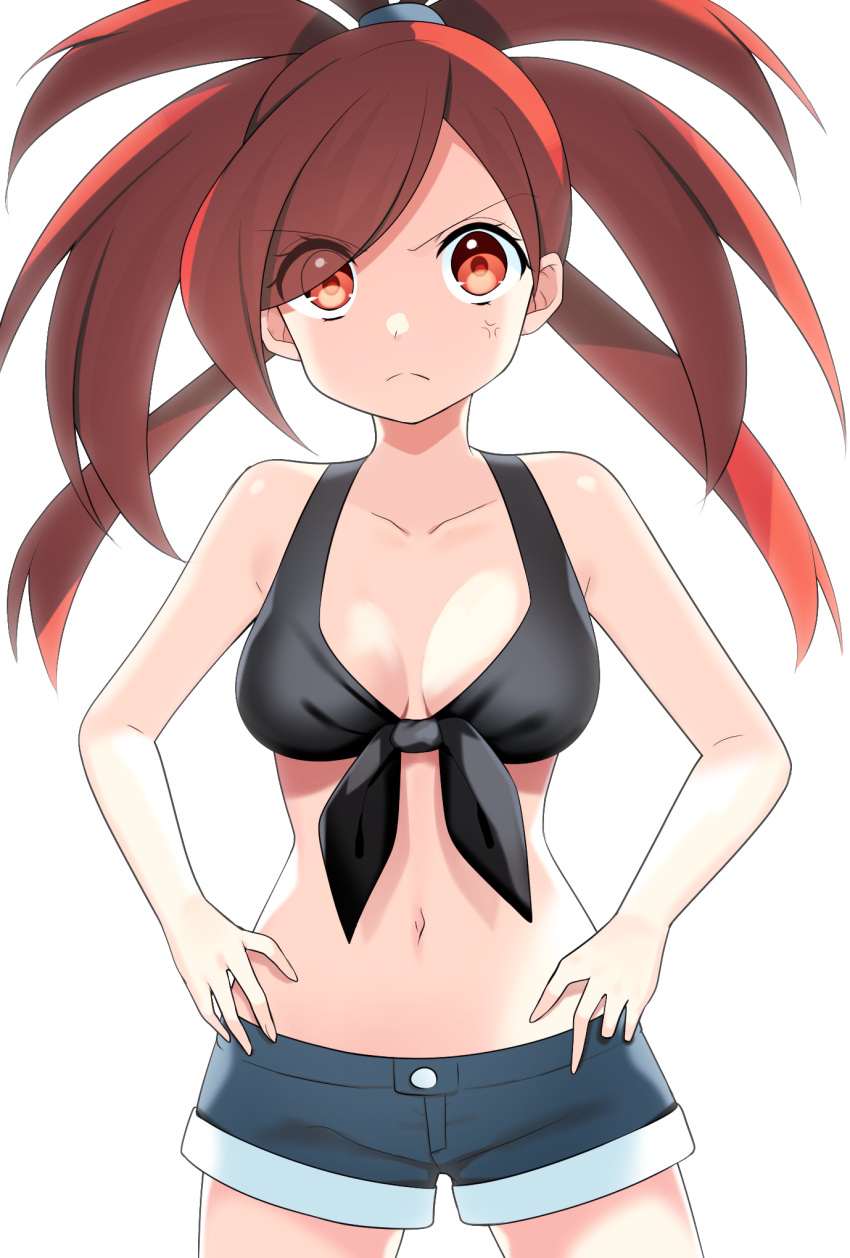 1girl asuna_(pokemon) bangs black_bra blue_shorts bra breasts cleavage collarbone creatures_(company) eyebrows_visible_through_hair eyes_visible_through_hair front-tie_bra game_freak hands_on_hips highres long_hair looking_at_viewer medium_breasts midriff navel nintendo parted_bangs pokemon pokemon_(game) pokemon_rse ponytail red_eyes redhead short_shorts shorts simple_background solo stomach underwear white_background yuihiko