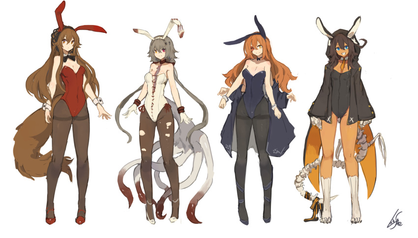 4girls animal_ears bare_shoulders between_breasts black_neckwear blue_eyes blue_leotard bone bow bowtie breasts brown_eyes brown_hair bunny_girl bunnysuit claws coat colho_(lansane) covered_navel detached_collar extra_arms fake_animal_ears grey_hair grey_legwear grin hair_between_eyes hairband high_heels highres hood hood_up lansane leotard long_hair long_sleeves looking_at_viewer low_twintails medium_breasts monster_girl multiple_girls necktie off_shoulder orange_hair original pantyhose pigeon-toed quadriri_(lansane) rabbit_ears red_footwear red_leotard ribbon scar signature simple_background smile standing tail tail_ribbon tentacle thighband_pantyhose tsana_(lansane) twintails vararia_(lansane) very_long_hair white_background white_leotard wings wolf_tail wrist_cuffs yellow_neckwear