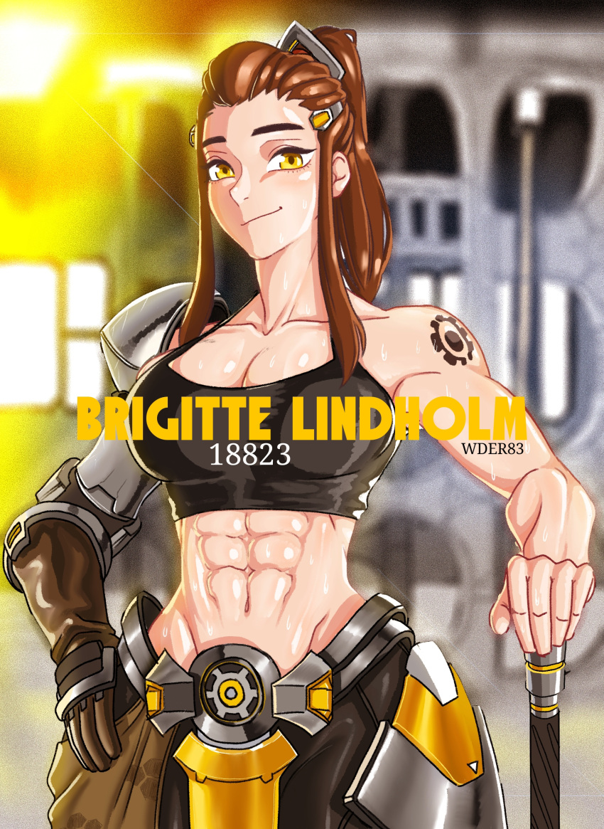 1girl abs absurdres artist_name breasts brigitte_(overwatch) brown_eyes brown_hair character_name cleavage crop_top faulds gauntlets groin hair_ornament hairclip highres large_breasts long_hair midriff muscle muscular_female overwatch planted_weapon ponytail shoulder_tattoo sidelocks single_gauntlet smile solo sweat tattoo wder83 weapon