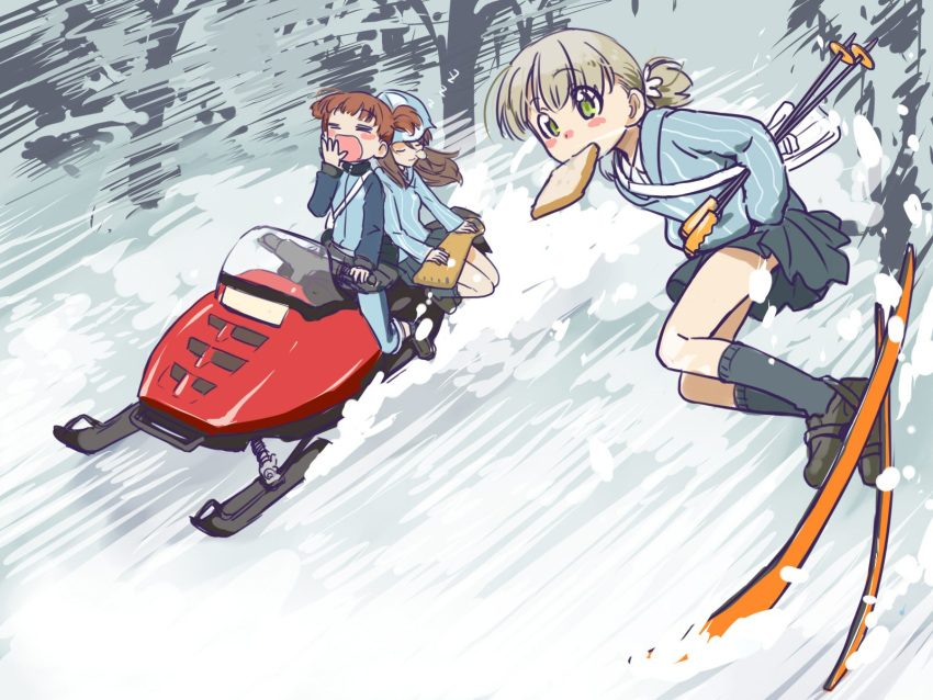 3girls aki_(girls_und_panzer) ankle_boots bag bangs blue_footwear blue_jacket blue_pants blue_shirt blue_skirt blush_stickers boots brown_hair carrying closed_eyes dress_shirt eyebrows_visible_through_hair food food_in_mouth forest girls_und_panzer green_eyes grey_legwear grey_skirt hair_tie hands_in_pockets highres holding holding_instrument instrument jacket kantele keizoku_military_uniform keizoku_school_uniform light_brown_hair loafers long_hair long_sleeves mika_(girls_und_panzer) mikko_(girls_und_panzer) military military_uniform miniskirt mouth_hold multiple_girls nature outdoors pants pants_rolled_up pants_under_skirt pleated_skirt raglan_sleeves redhead riding sabaku_chitai satchel school_uniform shirt shoes short_hair short_twintails sitting ski_pole skiing skirt skis sleeping snow snowmobile socks striped striped_shirt toast toast_in_mouth track_jacket track_pants twintails uniform vertical-striped_shirt vertical_stripes white_shirt yawning zzz